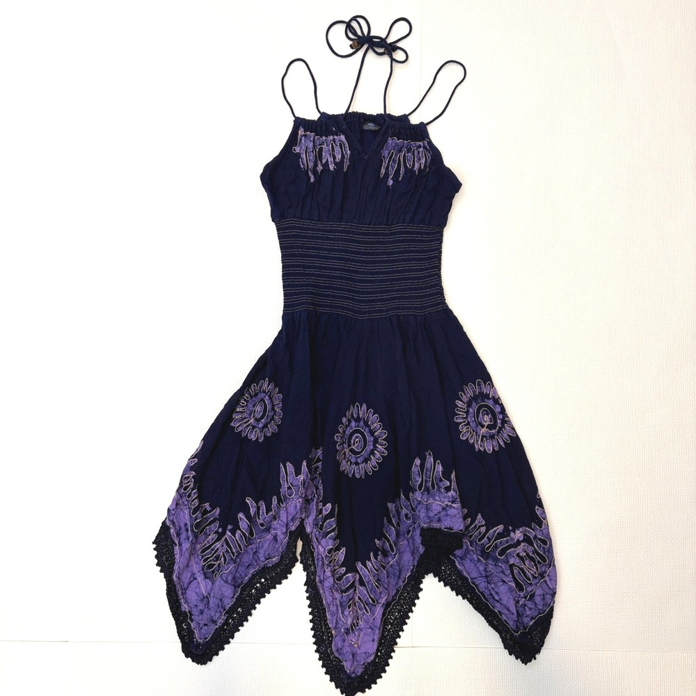 VTG Advance Dress Vintage Batik Fairy Handkerchief Hem Size Navy Purple Boho